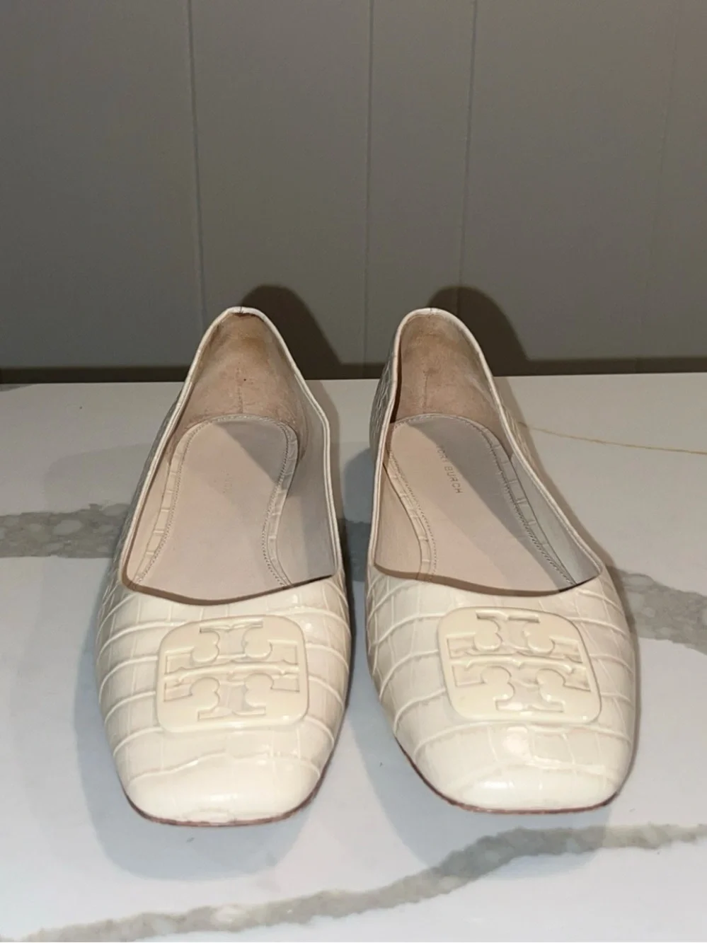 Tory Burch Cream Croc-Embossed Leather Georgia Flat